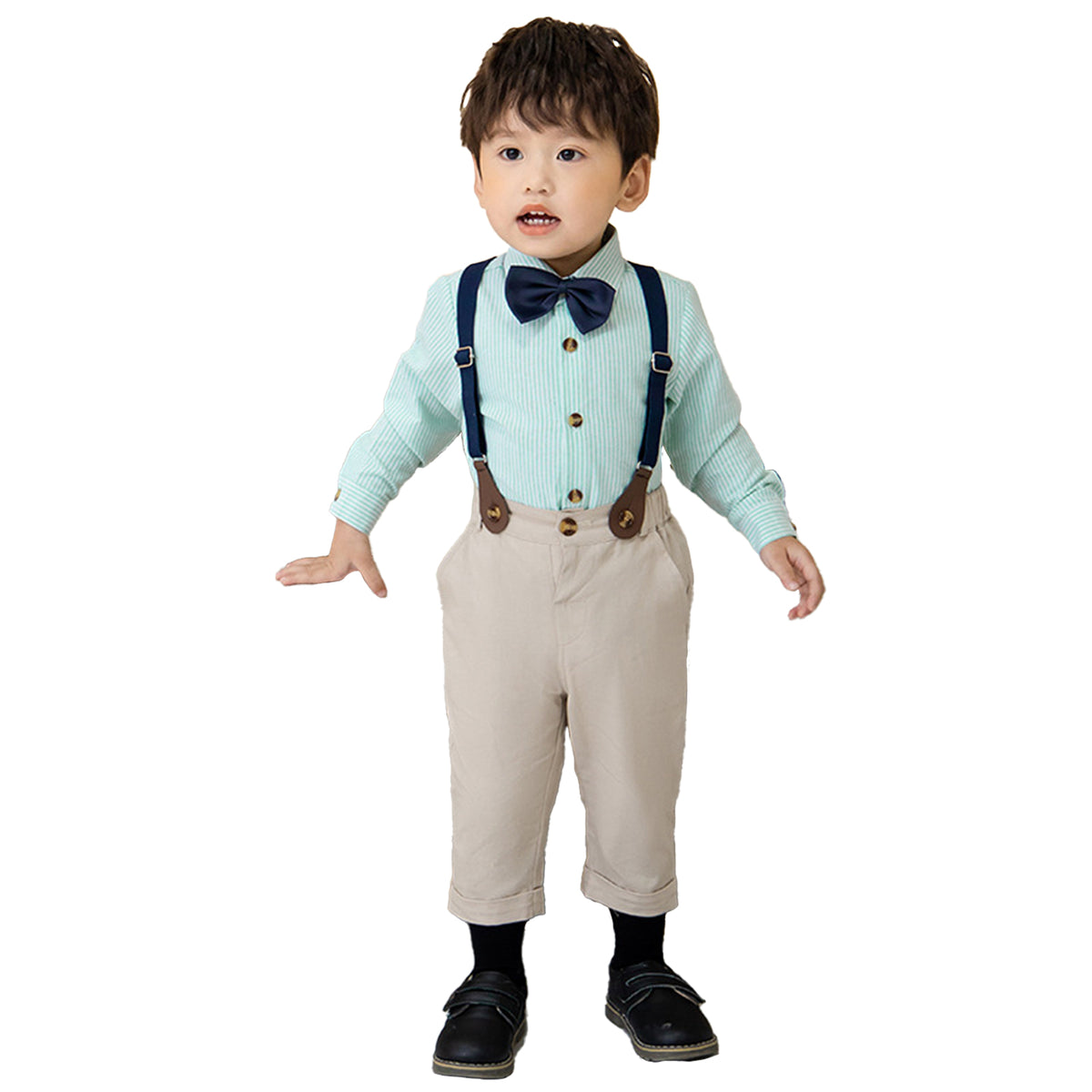 Boys Nautical Print Shirt with Bow Tie & Suspender Pants Set – Stylish Kids Formal Outfit